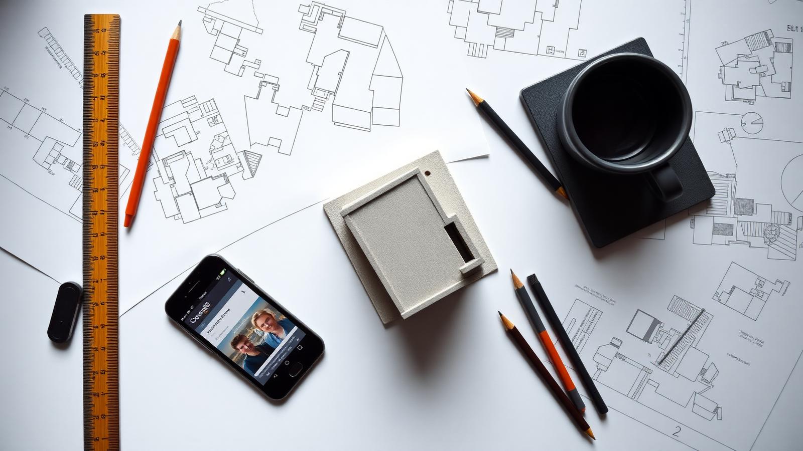 Mesa de arquitecto con planos, maqueta y móvil mostrando una búsqueda en Google